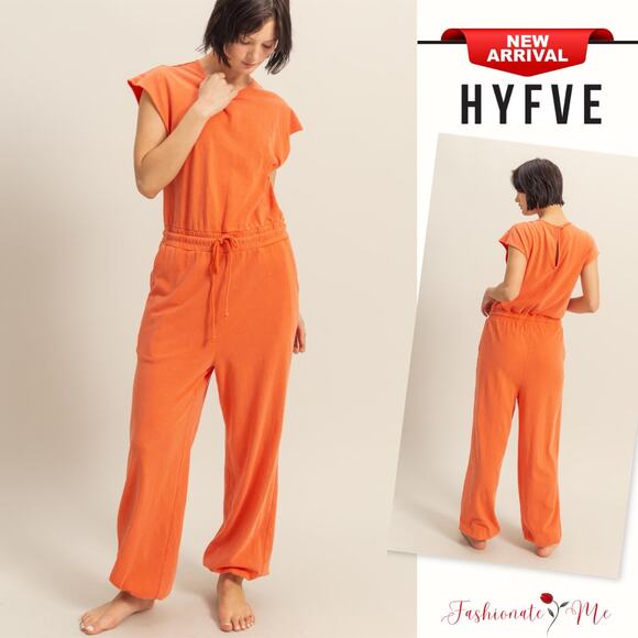 HYFVE Back Keyhole Crew Neck Cap Sleeves Loose Fit Drawstring Jumpsuit | Orange - Picture 1 of 6